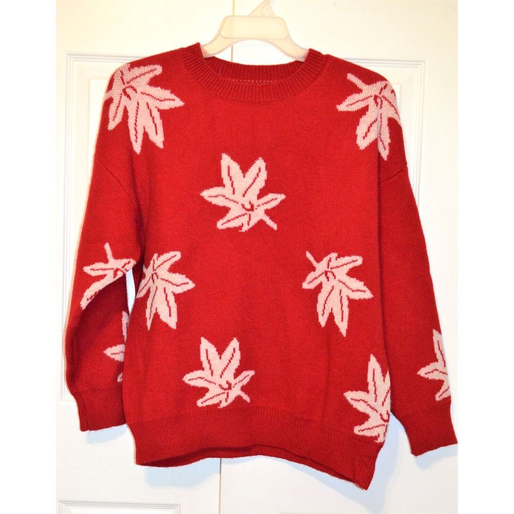 Women's Heavy Sweater Red with White Leaves L‎ (See Measurements in Description)